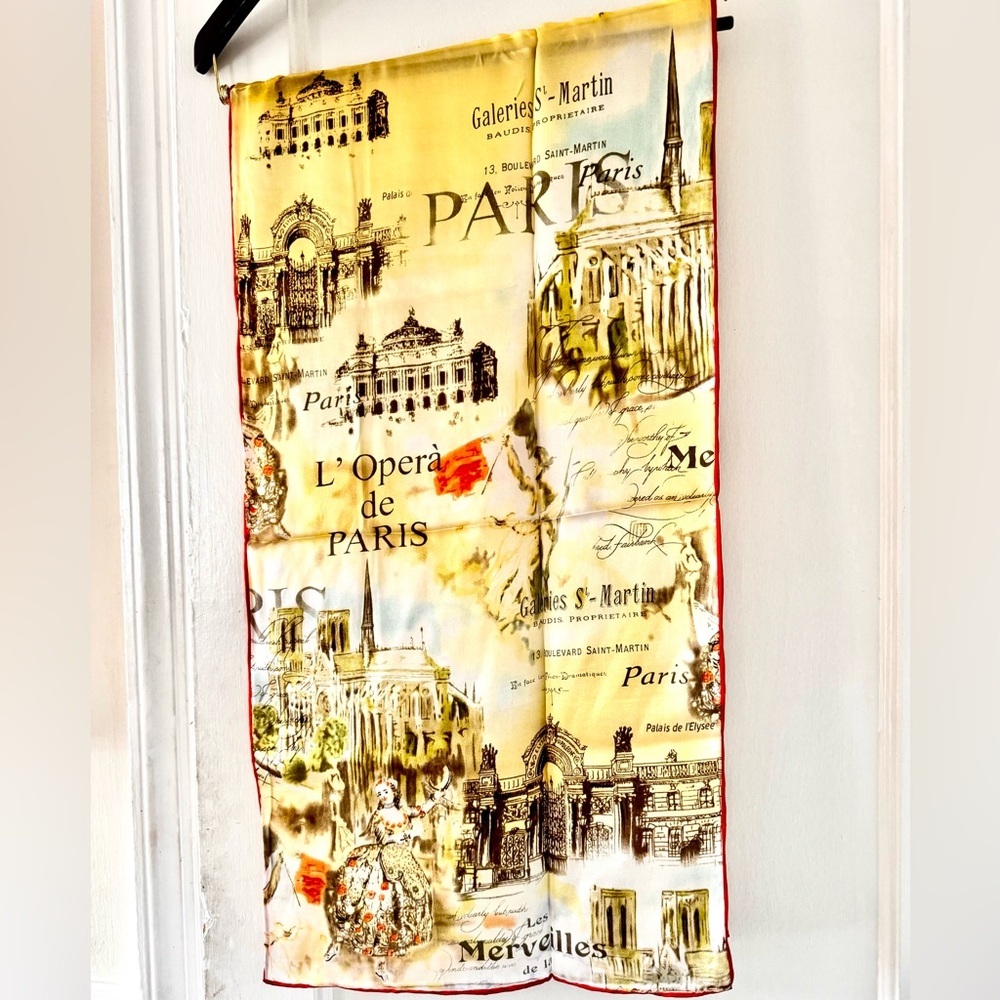 Parisian Theme Silk Scarf with Red Trim